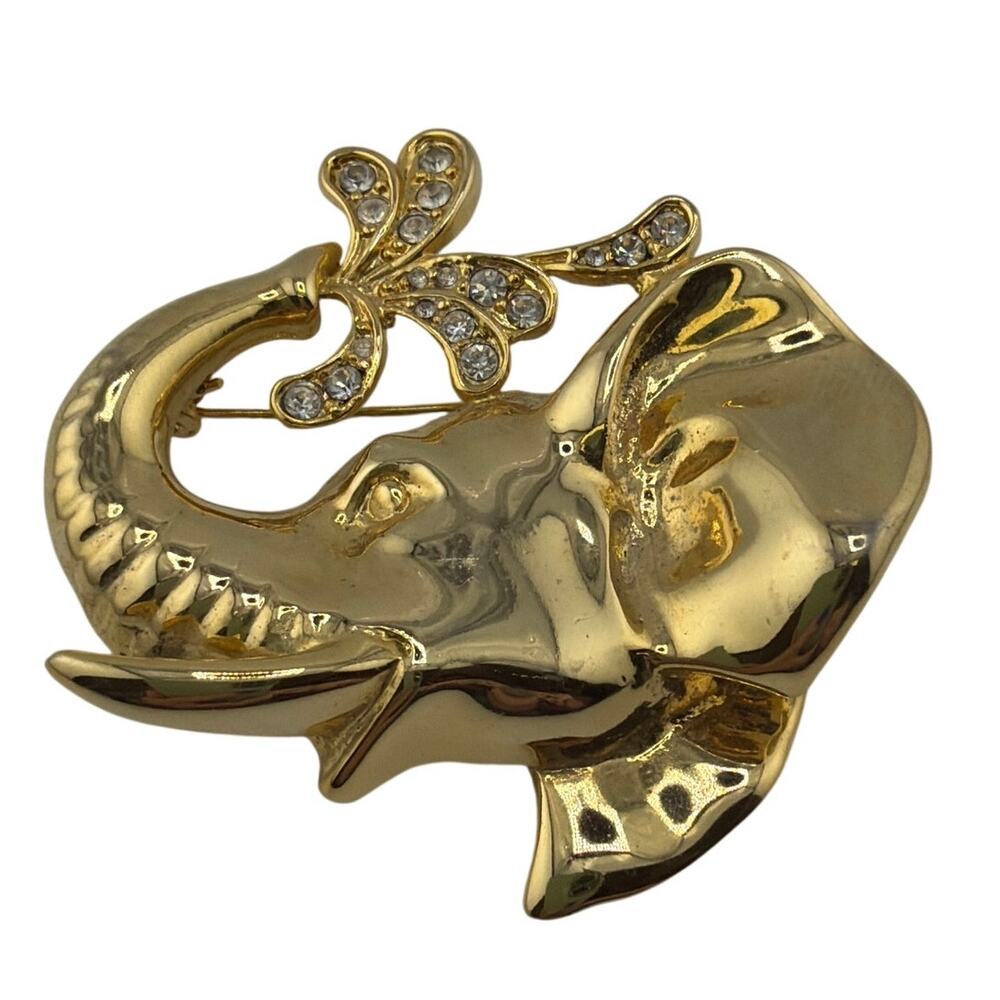Vintage Gold Tone Elephant Crystal Rhinestone Brooch
